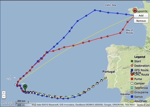 Course options open up on on the final half of the return leg to Lorient on leg 8 &copy; PredictWind.com www.predictwind.com